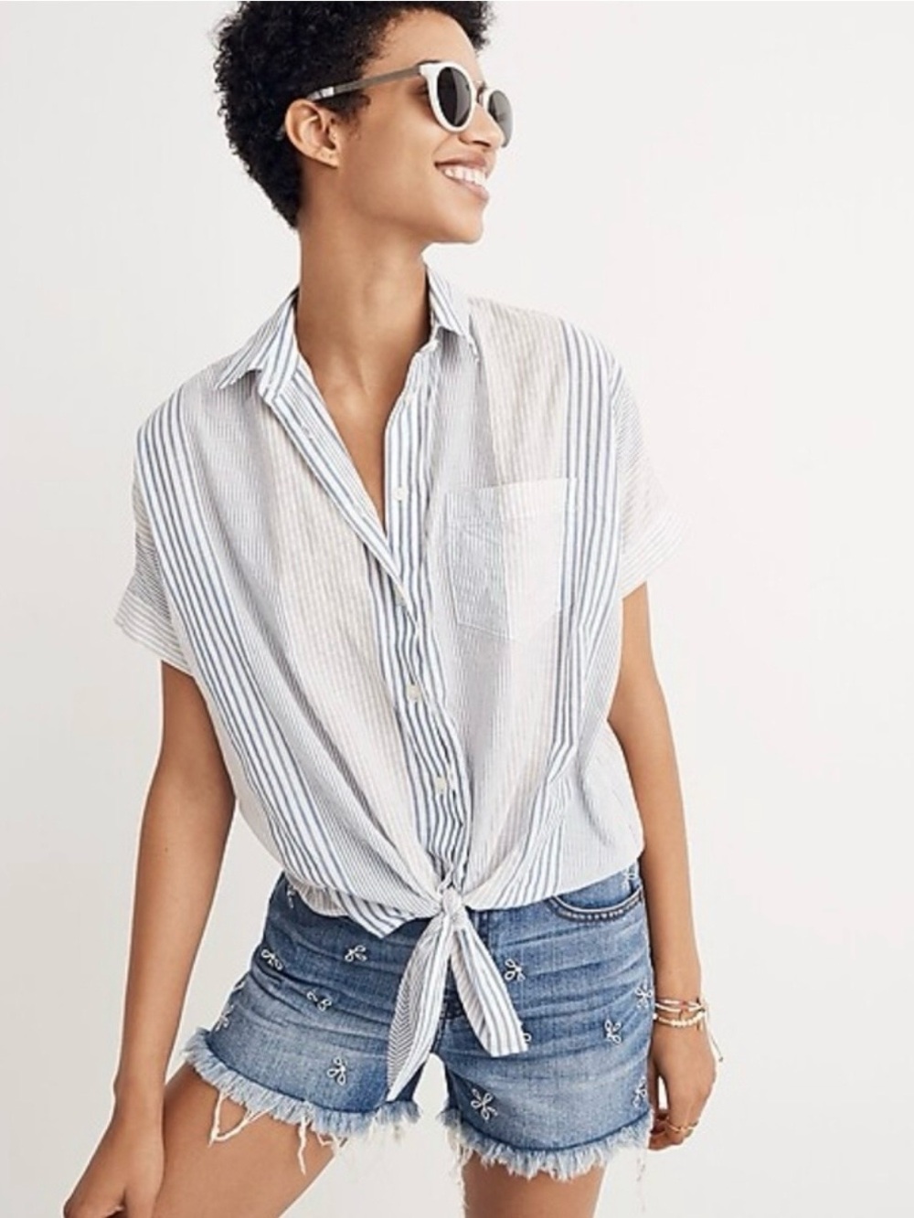 Madewell Short-Sleeve Tie-Front Rawley Striped Collared Button Down Shirt Top XS